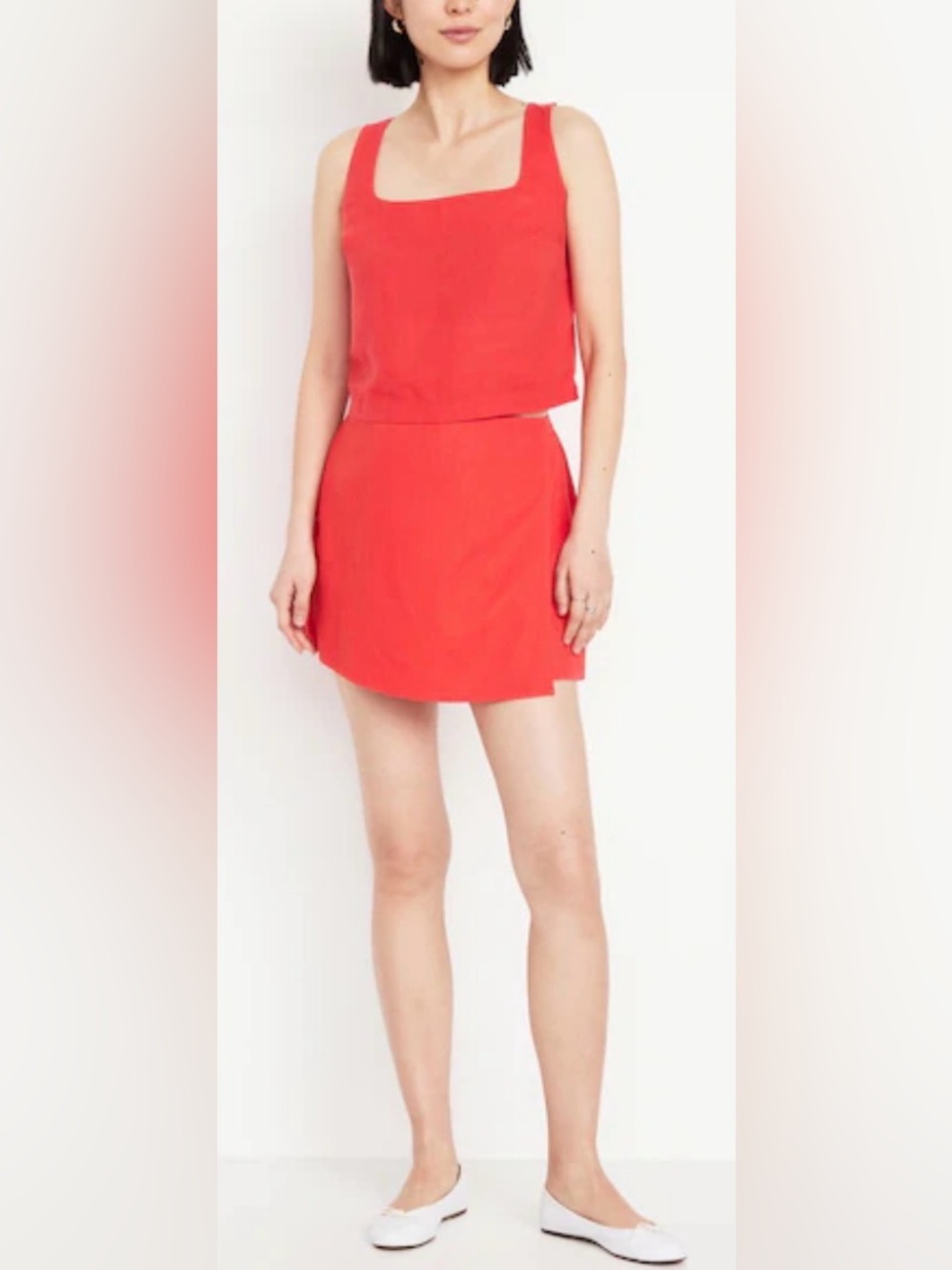 Old Navy High Waisted Linen Blend Faux Wrap Mini Skort, Bright Coral, sz M